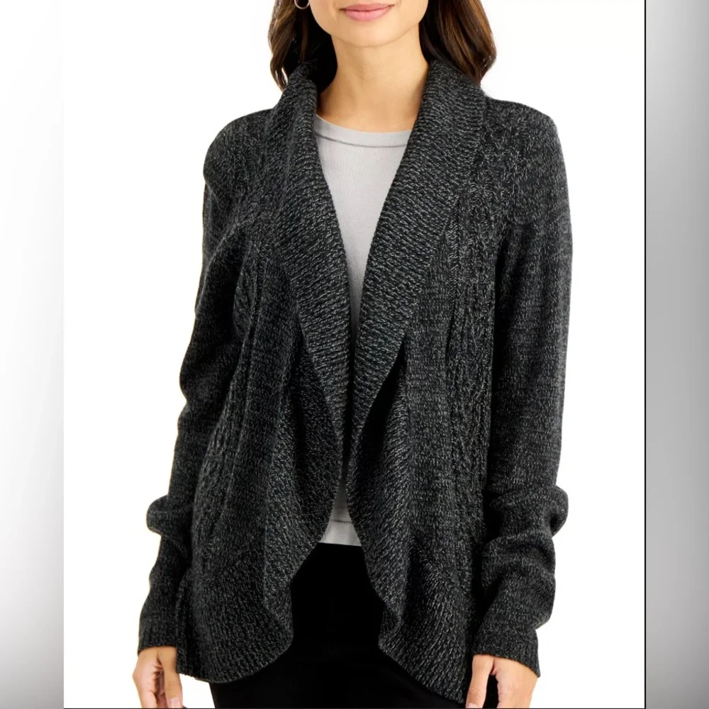 Karen Scott Knit Cascading Waterfall Cardigan Sweater Charcoal Grey Size Large